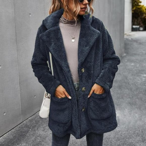 Cuddle Up Button Front Double Pocket Teddy Coat Bl - Picture 2 of 9